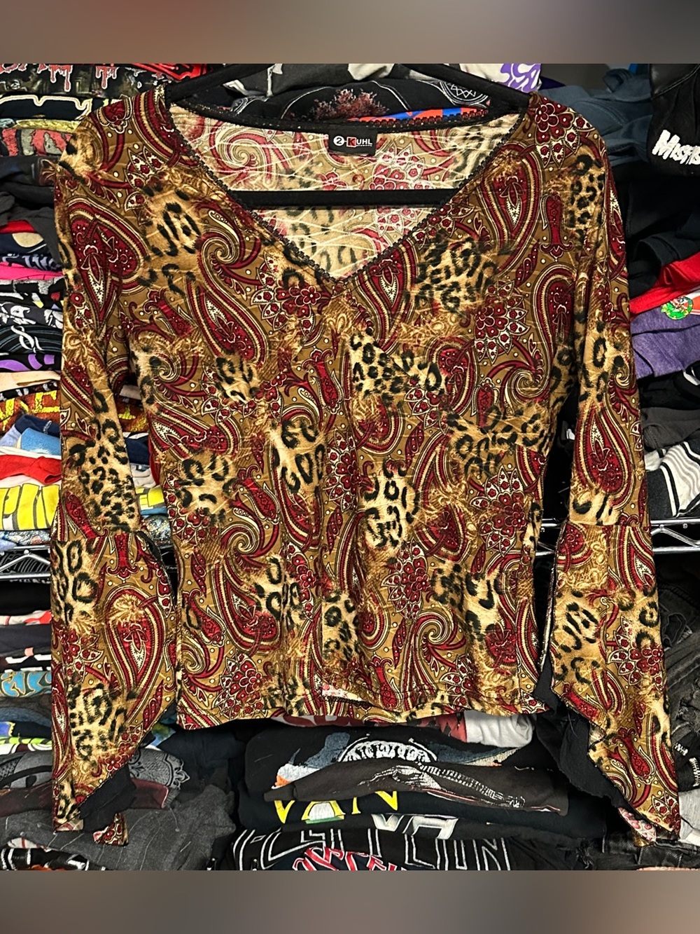 Y2K 2KUHL women's brown velvet paisley cheetah print bell sleeve top, M.